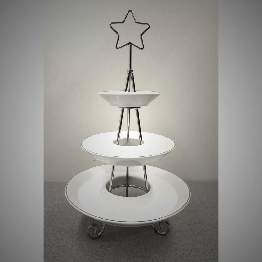 Towle Server White Christmas Tree Three Tiered Ceramic Silver Trim Star Vintage